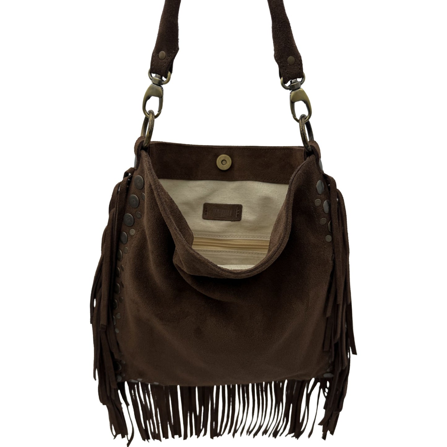Sacagawea Marron Glace – Borsa in camoscio con frange